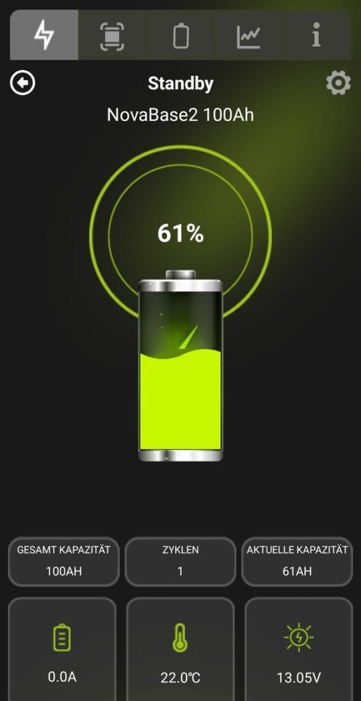 Wattstunde NOVA App zeigt 61 Prozent Ladezustand der NOVA Base 2 100 Ah, dazu Kapazität, Zellentemperatur und Spannung